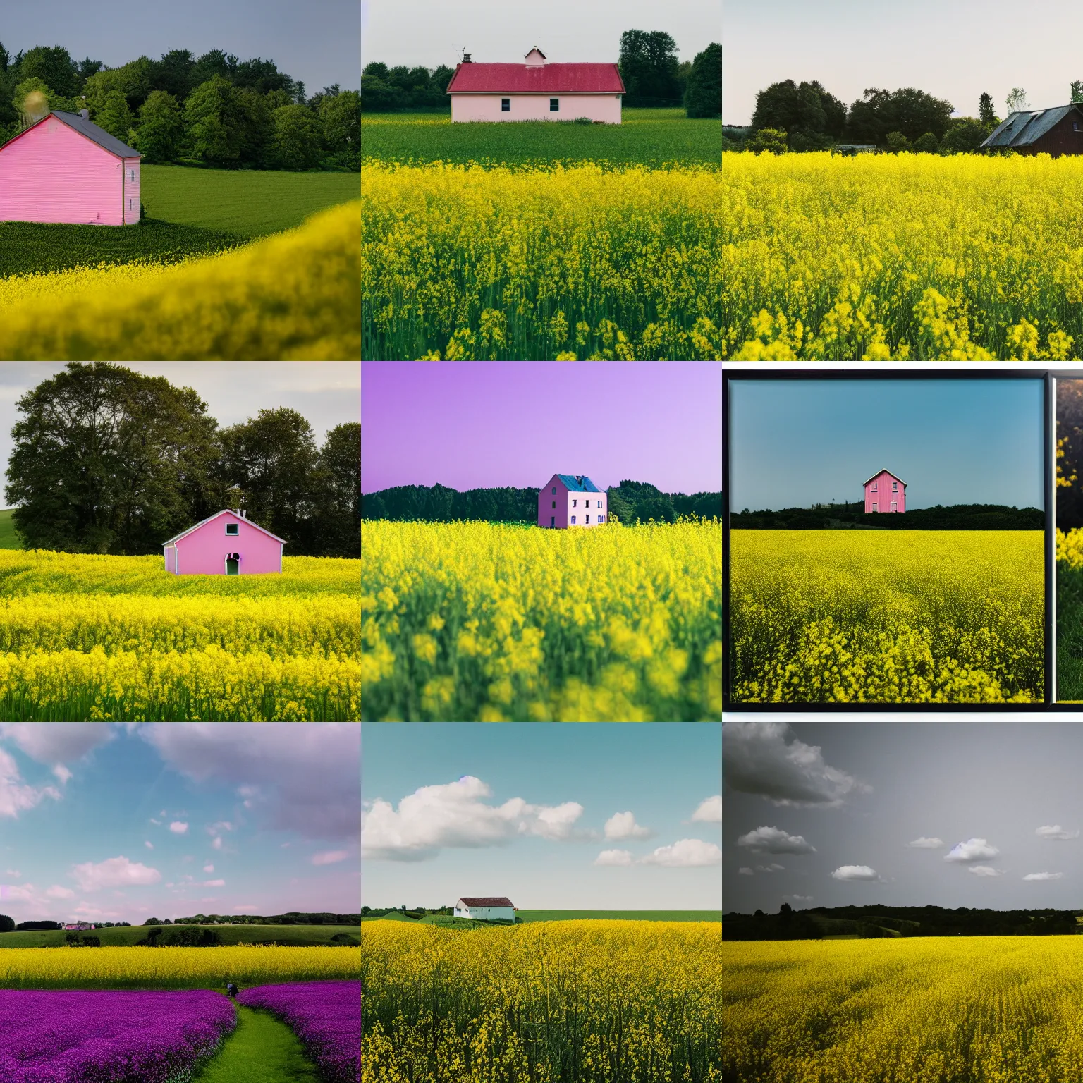 Prompt: photo of a meadow with a small pink farm house and rapeseed field, still frame from a wes anderson movie, 1 6 mm f 1. 4 lens, nikkor, canon, sigma, awardwinning landscape photography