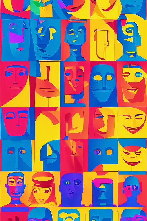 Image similar to cubist moai statue cutout digital illustration cartoon colorful beeple