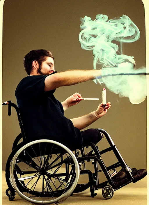 Image similar to timothy chamelet smoking a joint sitting in a wheel chair, photo, realistic