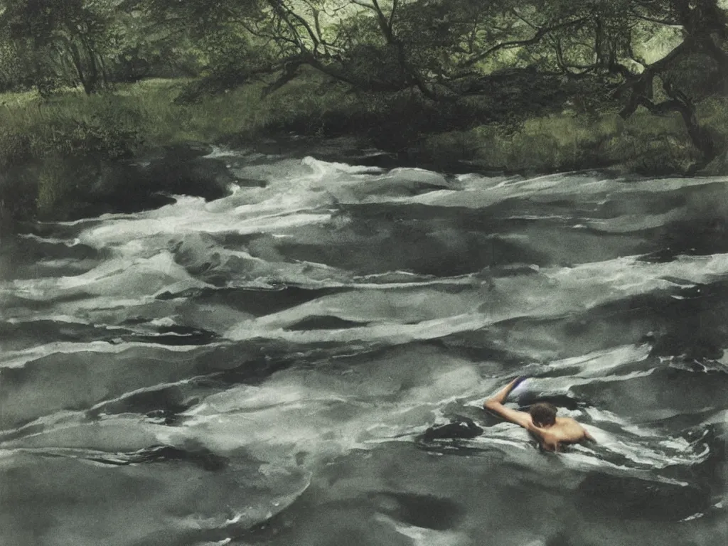 Prompt: Young man swimming in a turbulent river in the afternoon. Acacia trees in the wind, lightning strikes. Painting by Andrew Wyeth