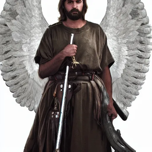 Prompt: photo of an angelic warrior with holy weapons