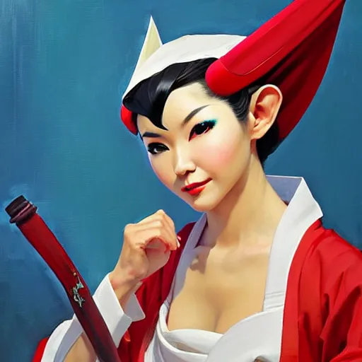 Image similar to Greg Manchess portrait painting of elf geisha in japanese robes as Overwatch character, wacky, medium shot, asymmetrical, profile picture, Organic Painting, sunny day, Matte Painting, bold shapes, hard edges, street art, trending on artstation, by Huang Guangjian and Gil Elvgren and Sachin Teng