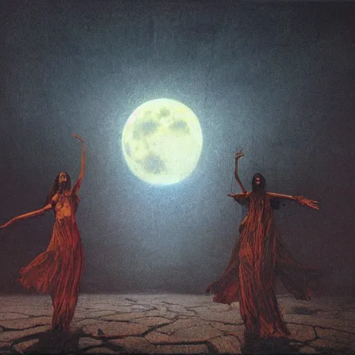 Image similar to occult witch hailing the full moon in a satanistic ritual, dark, mysticism, highly detailed, beksinski, 8 k, ultra high quality, cinematic lighting, dramatic, elegant, hyper realistic, zen