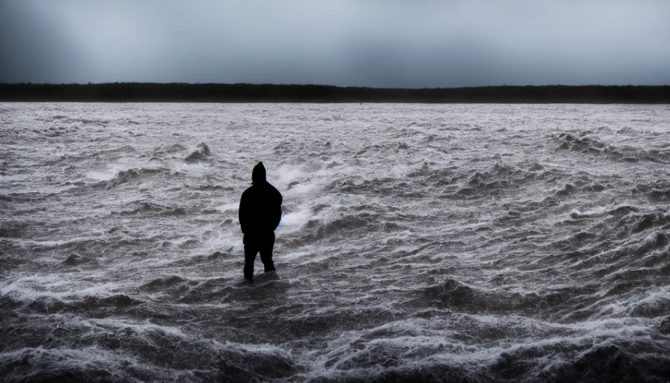 Prompt: silhouette of a person inspecting big wave flood in thin birch wetlands, stormy weather, dark, atmospheric, ambient vibe, very detailed, 8 k