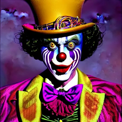 Image similar to uhd photorealisitc authentic lovecraftian psychotic willy wonka wearing ornate clown costume and intricate voodoo makeup, intricate details, vivid colors, frightening surroundings, studio lighting, correct details, in the style of amano, karol bak, akira toriyama, and greg rutkowski