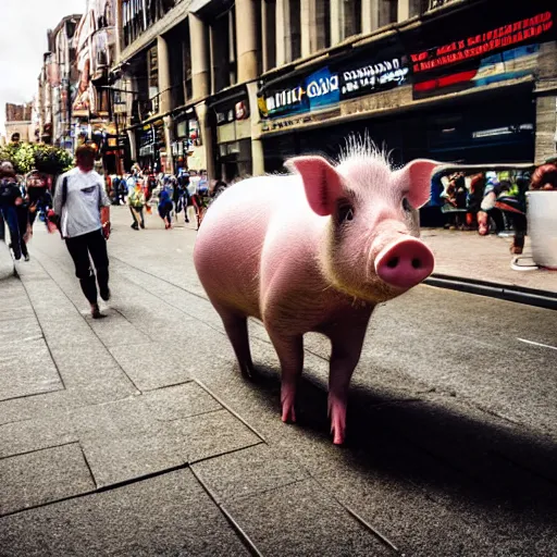 Image similar to award - winning hyperdetailed photograph of a giant!!!!!! pig walking across a city, 4 k, 8 k, high quality