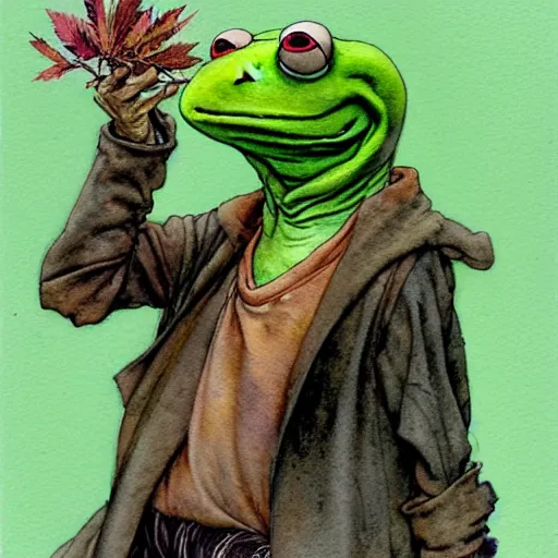 Image similar to a realistic and atmospheric watercolour fantasy character concept art portrait of kermit with red eyes smoking a huge blunt looking at the camera with a pot leaf nearby by rebecca guay, michael kaluta, charles vess and jean moebius giraud