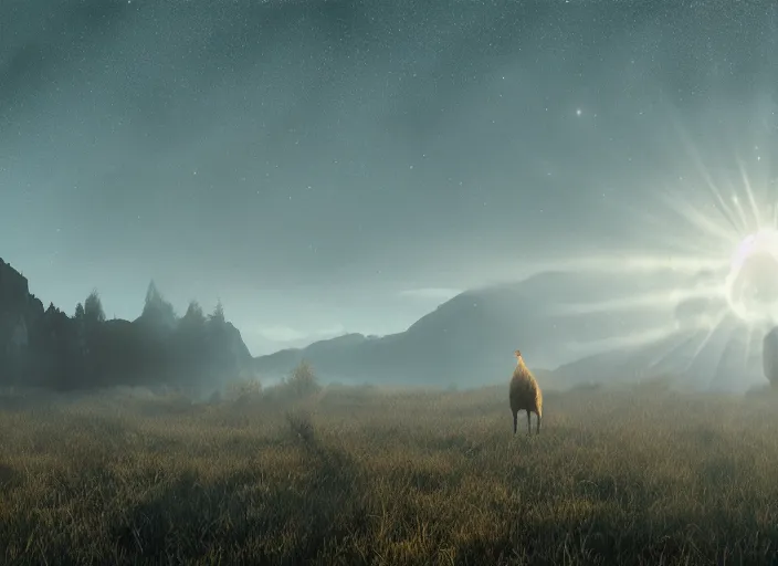 Image similar to epic crystalline forest with a lake, rooster, golden hour, misty ground, rocky ground, distant mountains, atmospheric perspective, altostratus clouds, planets, cinematic, 3 5 mm lens, anamorphic lens flare, photographic, octane render, cinematography by roger deakins, in the style of ansel adams