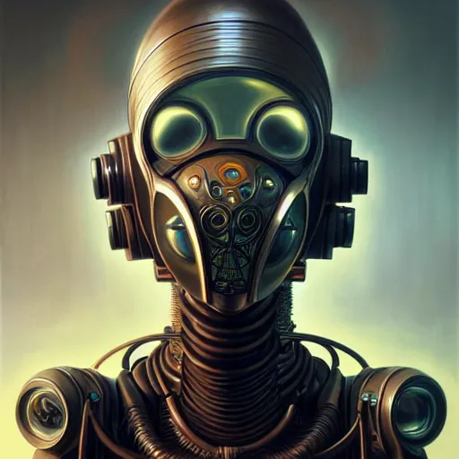 Image similar to low angle shot of a cyberpunk gazmask robot character, intricate, elegant, highly detailed, centered, digital painting, artstation, concept art, front shot, smooth, sharp focus, illustration, artgerm, Tomasz Alen Kopera, Peter Mohrbacher, donato giancola, Joseph Christian Leyendecker, WLOP, Boris Vallejo