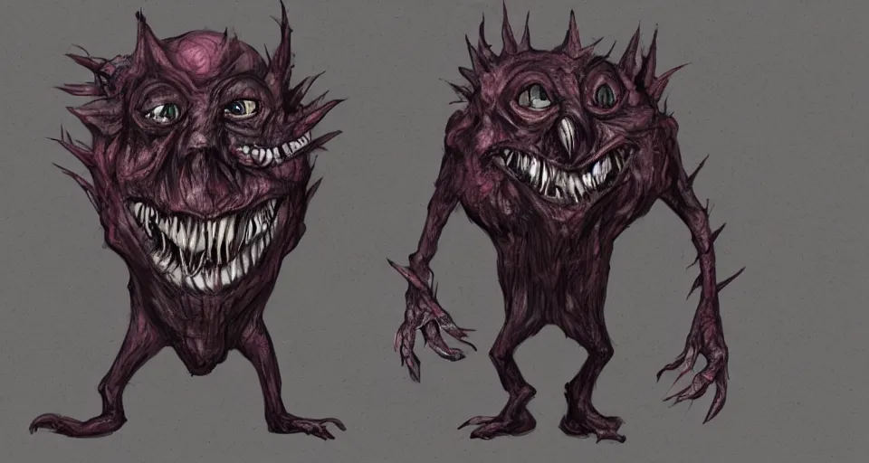 Prompt: concept art of a horrifying creature that wears a creepy comedy mask, concept art, turnaround world building, character design