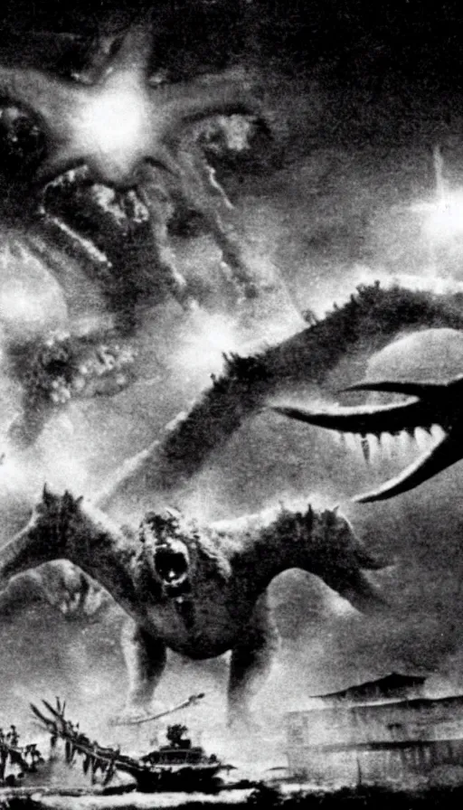 Image similar to a filmstill of a north korean monster movie, kaiju - eiga monster with starfish - arms trampling a traditional korean palace, foggy, film noir, epic battle, etheral, explosions, communist propaganda, communist epic thriller produced by kim jong - il, cinematography by akira kurosawa and tim burton, video compression