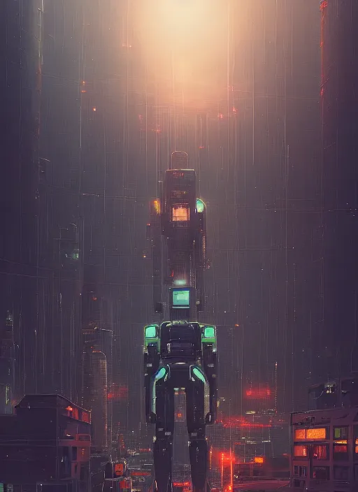 Image similar to a painting of a giant robot standing in front of a city, cyberpunk art by mike winkelmann, behance contest winner, nuclear art, dystopian art, apocalypse art, sci - fi