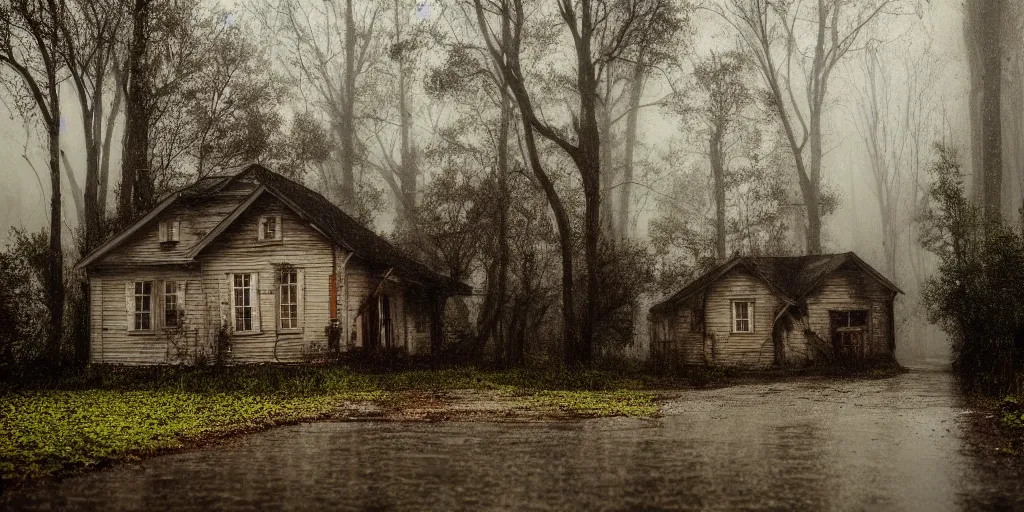 Prompt: old house at the end of a forest road in the rain, creepy ambiance, high focus, highly detailed