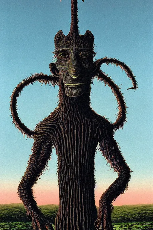 Image similar to Artwork by Tim White of Abe the Forgotten Beast, A towering humanoid composed of rose gold, with a gaunt appearance and a matted grey fur