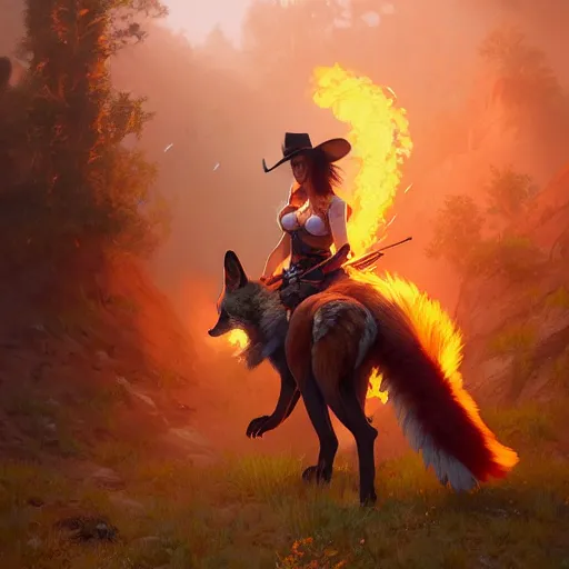 Image similar to splash art of cute feminine anthropomorphic vulpes vulpes fulva bounty huntress in the wild west, rugged clothes, motion blur, firefight, high energy action : by weta, greg rutkowski, wlop, ilya kuvshinov, rossdraws, artgerm, octane render, iridescent, bright morning, anime, liosh, mucha