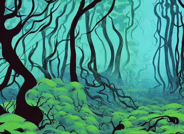Image similar to an illustration of a monster in a blue and green wispy forest by eyvind earle, concept illustration, detailed
