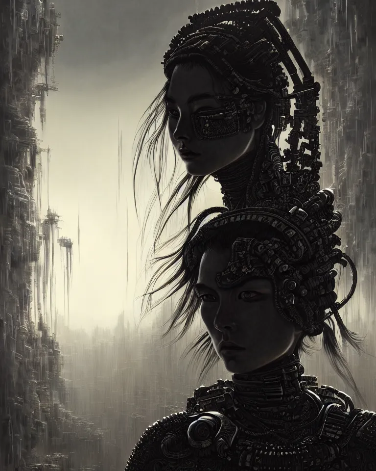 Prompt: ultra realist intricate detailed portrait of a dark samurai cyberpunk girl in an alien landscape, insanity, accurate features, apocalyptic, very intricate details, 8 k resolution, dim lighting, volumetric lighting, artstyle, brian despain and caspar david friedrich, award winning