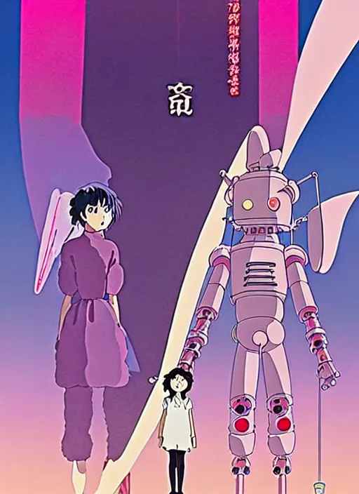 Image similar to a movie poster for a studio Ghibli film based on the song Yoshimi battles the pink robots, part 1. by the band the flaming lips; artwork by Hiyao Miyazaki and studio Ghibli; a Japanese girl is fighting a gigantic evil Pink Robot in an alley in Tokyo; highly detailed artwork by James jean and Phil noto