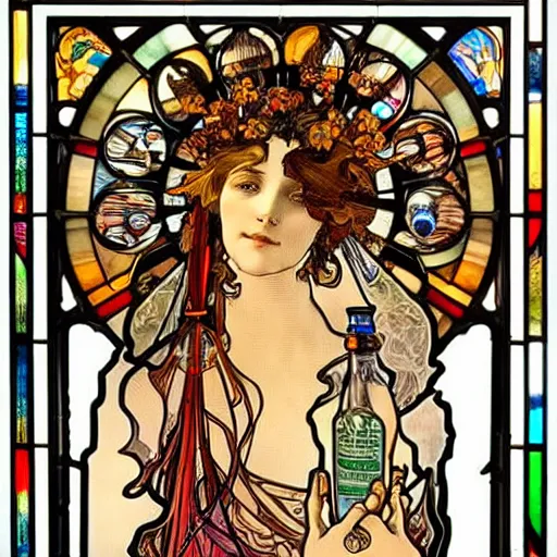 Prompt: goddess of drinking water, bottle, water, backpack, burning man, intricate, stained glass by alphonse mucha