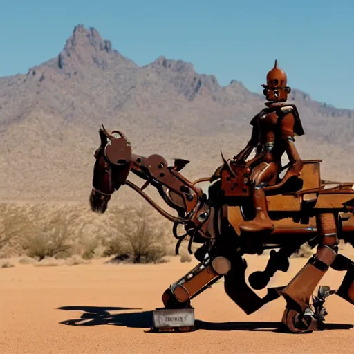 Prompt: A dieselpunk robot riding a mechanical horse through the Arizona desert