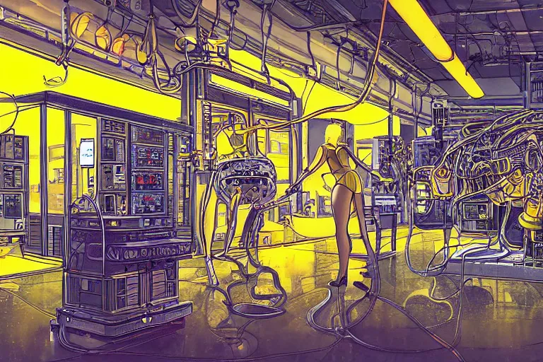 Prompt: closeup of yellow dressed sexy girl working in a robot repair shop, a broken android is laying on the ground, chrome reflections, computer screens, dark cables hanging from ceiling , sci-fi vending machine, surreal illustration by moebius, ghibli style, dynamic lighting, glowing lights, neons, science fiction