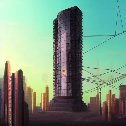 Image similar to “establishing shot of an isolated tower in Neo-Tokyo. 10 times bigger than any other building nearby. 2077 Akira. 8k”