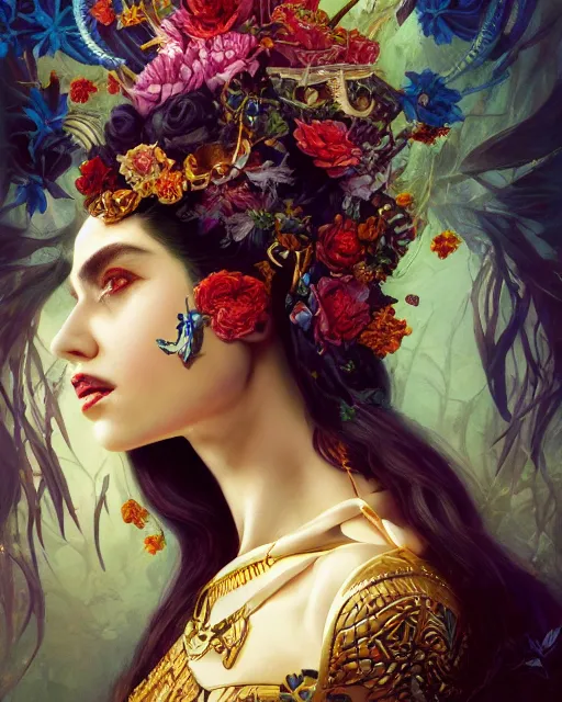 Prompt: portrait of the egyptian queen of the underworld, surrounded by flowers by karol bak, james jean, tom bagshaw, rococo, sharp focus, trending on artstation, cinematic lighting, hyper realism, octane render, 8 k, hyper detailed.