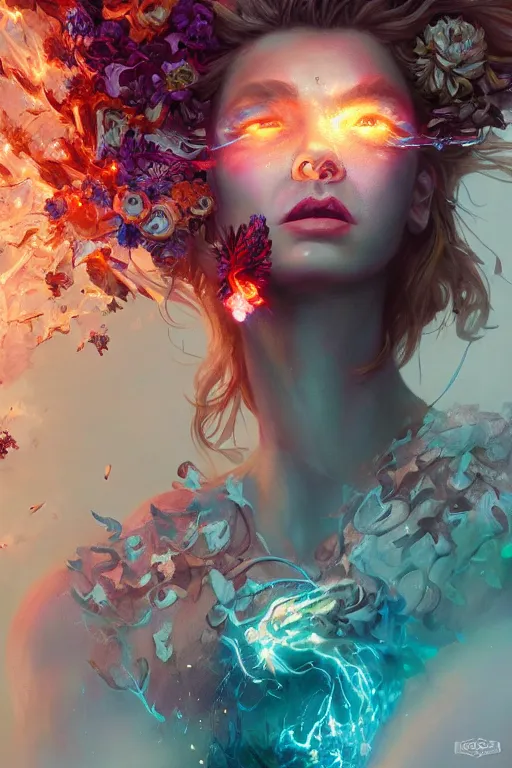 Image similar to torso closeup model wearing exploding flowers fire dress, sorcerer, diamonds, angel, fantasy, dramatic lighting, highly detailed, digital painting, holding electricity, magic the gathering, hyper detailed, 3 d render, hyper realistic detailed portrait, peter mohrbacher, wlop, ruan jia