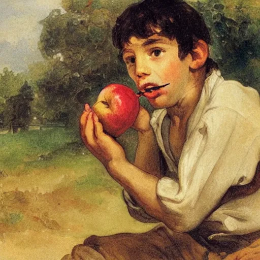 Image similar to tom sawyer eating an apple, illustration by eugene delacroix