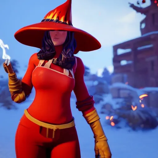 Prompt: a curly haired female pyromancer wearing a red wizard hat as a fortnite character, screenshot from fortnite, 3 d unreal engine render