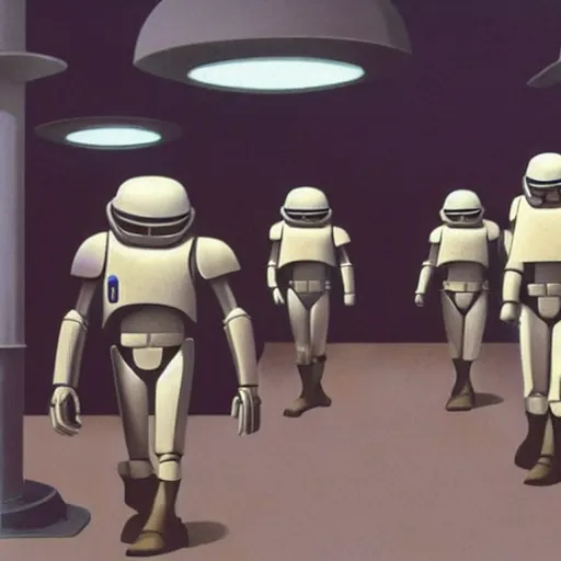 Image similar to ralph mcquarrie concept art of a futuristic mcdonalds. a space station is seen off in the distance with various droids and people walking in the foreground. a trooper is seen holding a brown mcdonalds bag.