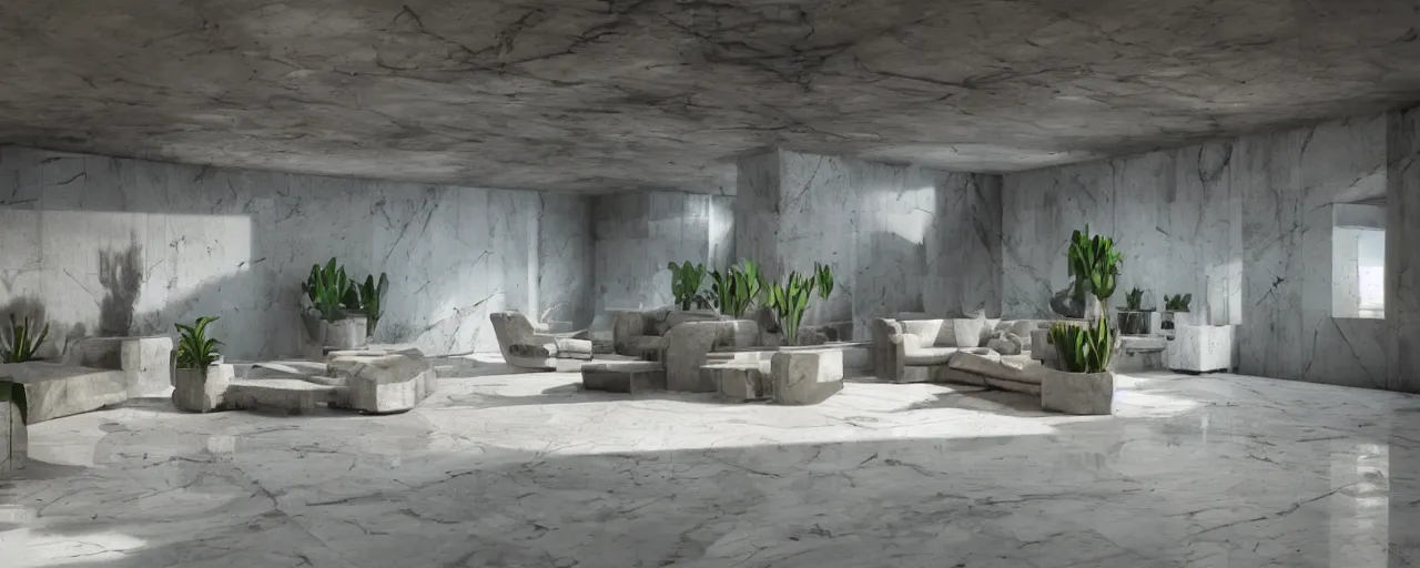 Prompt: modern marble brutalist interior, organic furniture, plants, blade runner, sci fi, stunning detail, cyberpunk, 8k, cinematic lighting, sublime, ultra realistic, colorful, neon, octane rendered,