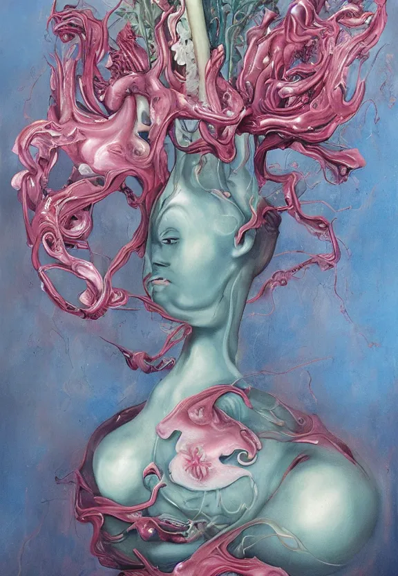 Image similar to a biomorphic painting of a vase with flowers and eyeballs in it, a surrealist painting by marco mazzoni, by dorothea tanning, pastel blues and pinks, lips, melting, plastic, featured on artstation, metaphysical painting, oil on canvas, fluid acrylic pour art, airbrush art, seapunk, rococo, lovecraftian