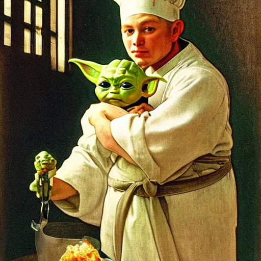 Image similar to baby yoda as a chef wearing a white apron and wearing a white chef's hat, by Jan van Eyck, by alphonse mucha