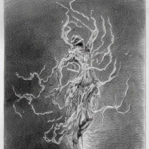 Image similar to full body grayscale drawing by Gustave Dore of Kermit the Frog, swirling flames