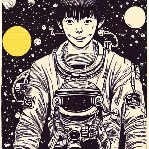 Prompt: an astronaut floating in space, manga panel, intricate, by tatsuki fujimoto, by junji ito