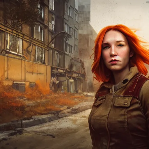 Prompt: fallout 5, charismatic beautiful rugged orange - haired female protagonist, portrait, outdoors ruined cityscape, atmospheric lighting, painted, intricate, volumetric lighting, beautiful, daytime, slight overcast weather, sharp focus, deep colours, ultra detailed, by leesha hannigan, ross tran, thierry doizon, kai carpenter, ignacio fernandez rios