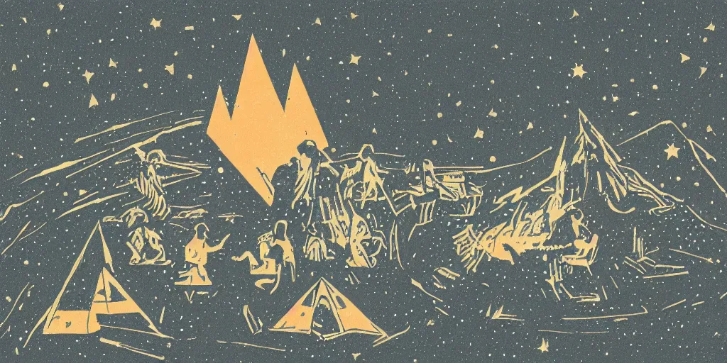 Prompt: a campfire under the stars with comets, 1940s faded risograph print, illustration, limited color palette, earthtones, double-exposure, astrophotography, claymation, sharp