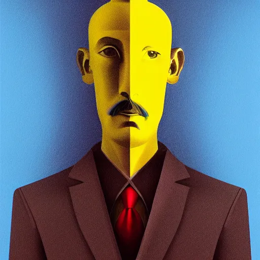 Image similar to ultra realistic portrait ofa man in suit in a studio, ultra detailed, under blue, red and yellow cinematic lighting, salvador dali, cartoon, monument valley, escher