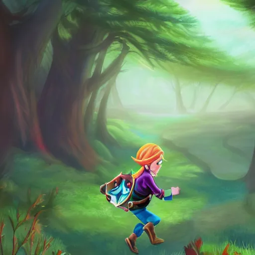 Prompt: link is running to save princess zelda, in forest background, lois van baarle