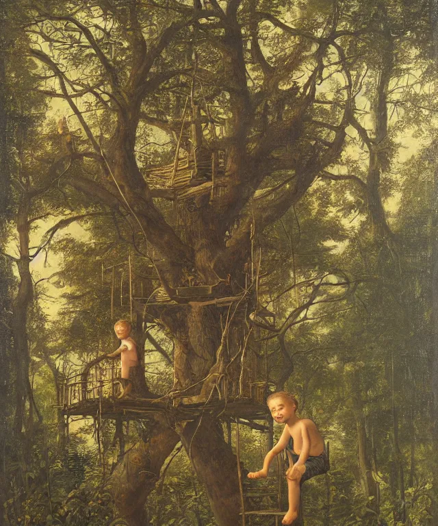 Image similar to masterful oil on canvas painting, eye - level view, shot from 5 0 feet distance, of a kid playing in a treehouse. in the background is a whimsical sparse forest. by ambrosius benson and gerald brom. golden hour, detailed, depth, volume, chiaroscuro, quiet intensity, vivid color palette.