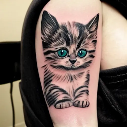 Image similar to cartoon tattoo of a cute kitten with a white border on a light gray background