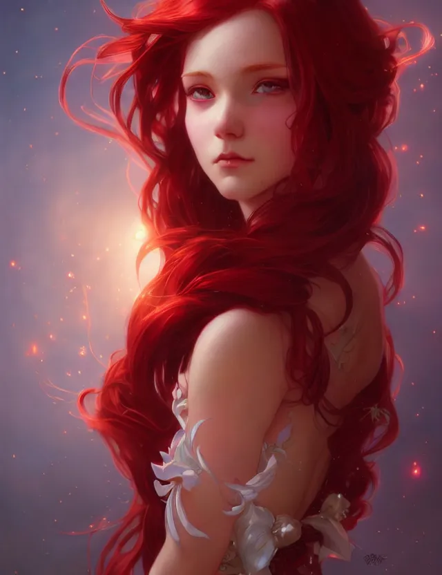 Image similar to beautiful magical girl, with red hair, wonderful eyes, over - detailed, elegant, intricate, dynamic lighting, hyperrealism, digital art, digital painting, artstation, wlop, clear focus, illustration, works by artgerm, greg rutkowski and alphonse mucha, 8 k