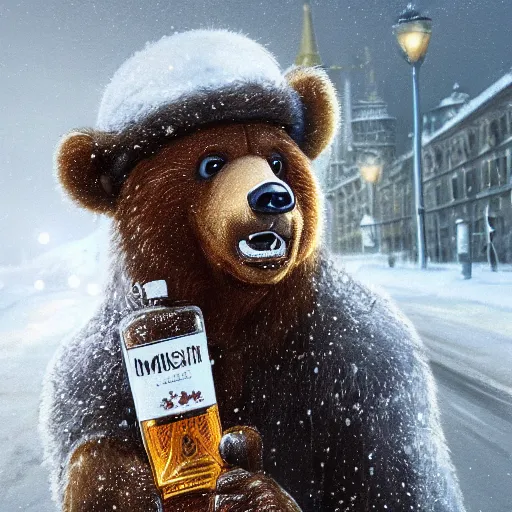 Prompt: close-up portrait of smiling brown bear holding bottle of vodka and in hat in winter at streets of Moscow, sharp focus, fantasy style, octane render, volumetric lighting, 8k high definition, by greg rutkowski, highly detailed, trending on art Station