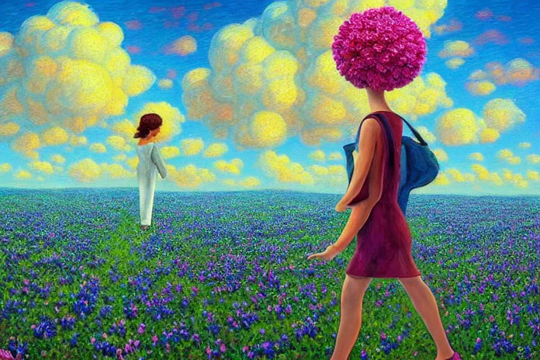 Image similar to giant flower head, woman walking, surreal, clouds in sky, impressionist painting, digital painting, artstation, rob gonsalves