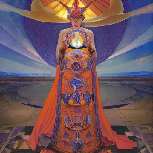 Image similar to queen of the dawn with her lantern and regalia, by donato giancola and nicholas roerich, and diego rivera, symbolist, tattoos, dramatic lighting, elaborate geometric ornament, art brut, god rays, soft cool colors, smooth, sharp focus, extremely detailed