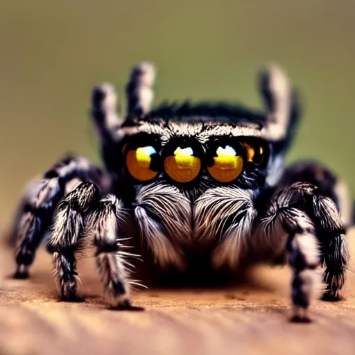 Image similar to jumping spider mixed with owl with 4 eyes, cute creature, hybrid, anamorphic lens, bokeh, kodak color film stock, macro shot