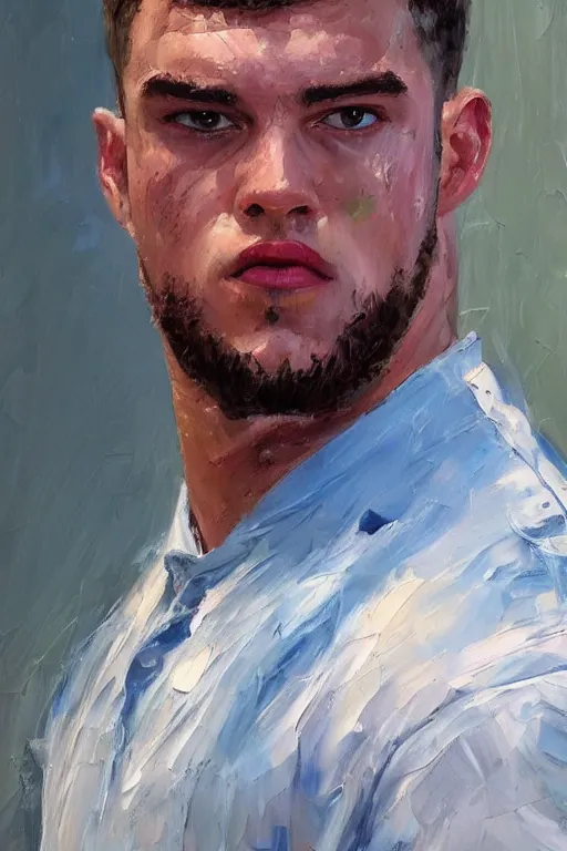 Image similar to palette knife oil painting portrait of peter hill, a tall and broad - shouldered jock, is an an - gry young man and a bully. extreme detail, any racial background, artstation trending, artgerm, deviant art, octane, substance, art history 8 k