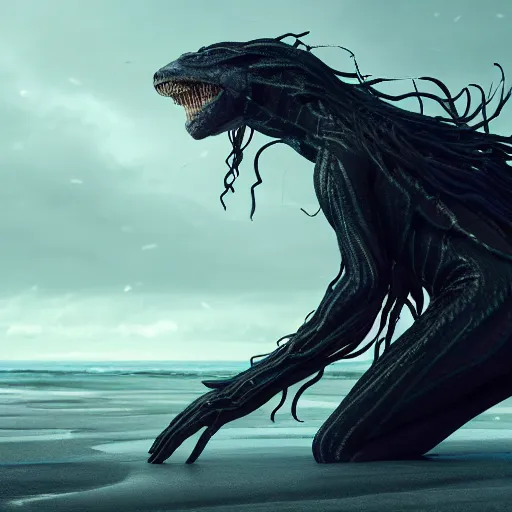 Image similar to a stunning cinematic wide shot of a beautiful confused slick sleek smooth humanoid sea monster wearing clothes made of seaweed on a dark stormy beach, well designed perfect with slick led eyes, sharp claws, cgsociety, hd octane render, fantasy, furry art, artstation, deviantart, furaffinity, very very clean