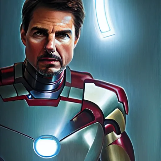 Prompt: tom cruise as iron man, wearing a silver iron man suit, cinematic, volumetric lighting, f 8 aperture, cinematic eastman 5 3 8 4 film, photorealistic by greg rutkowski, by stanley artgerm, by snyder